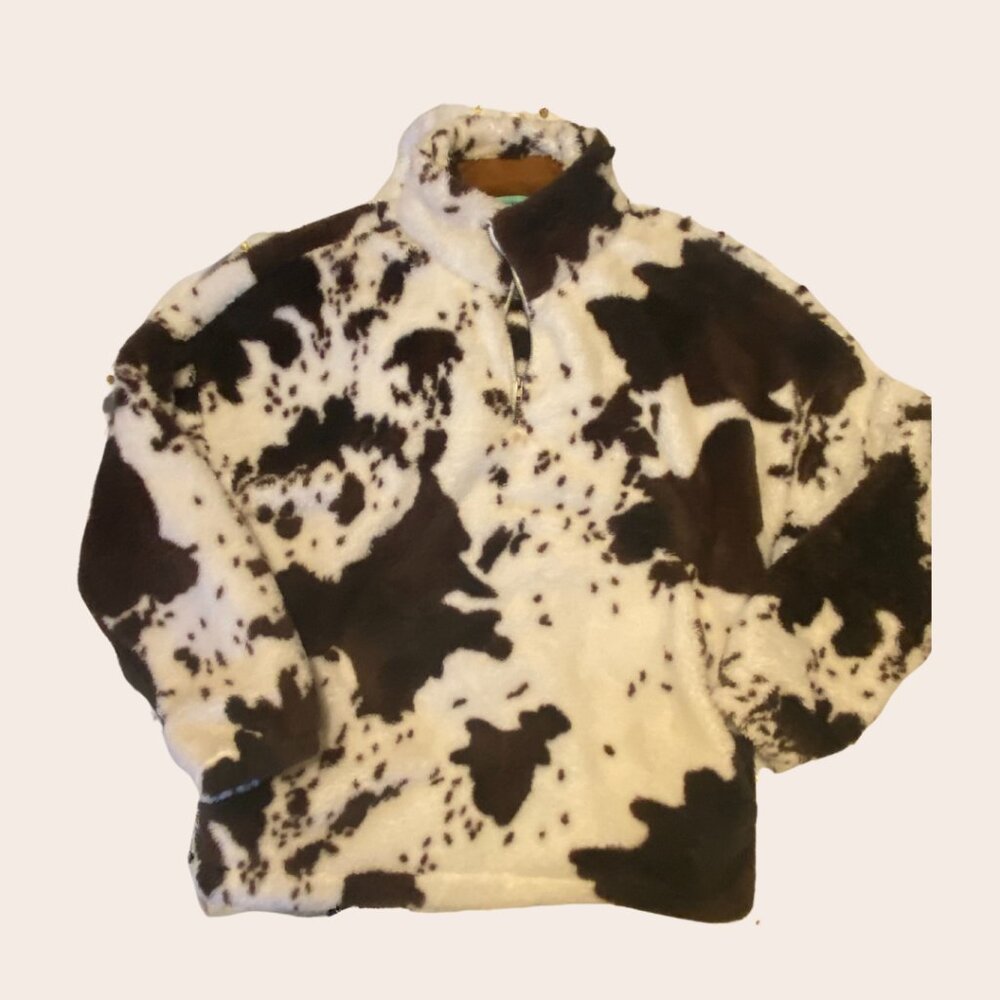 Sunshine and Rodeos Sherpa Oversized Pullover in Cow Print - Size XL